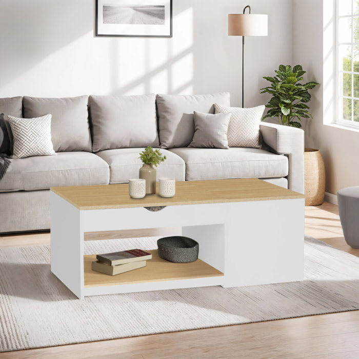 Table basse Elina avec double plateau relevable et coffre latéral L110cm - Bois - Blanc