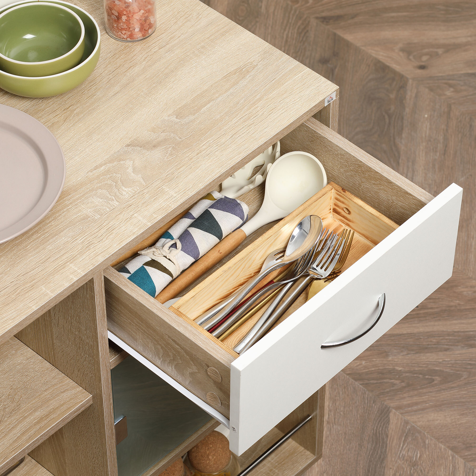 Desserte de cuisine style contemporain - 3 étagères, niche, porte verre, tiroir - effet bois naturel blanc