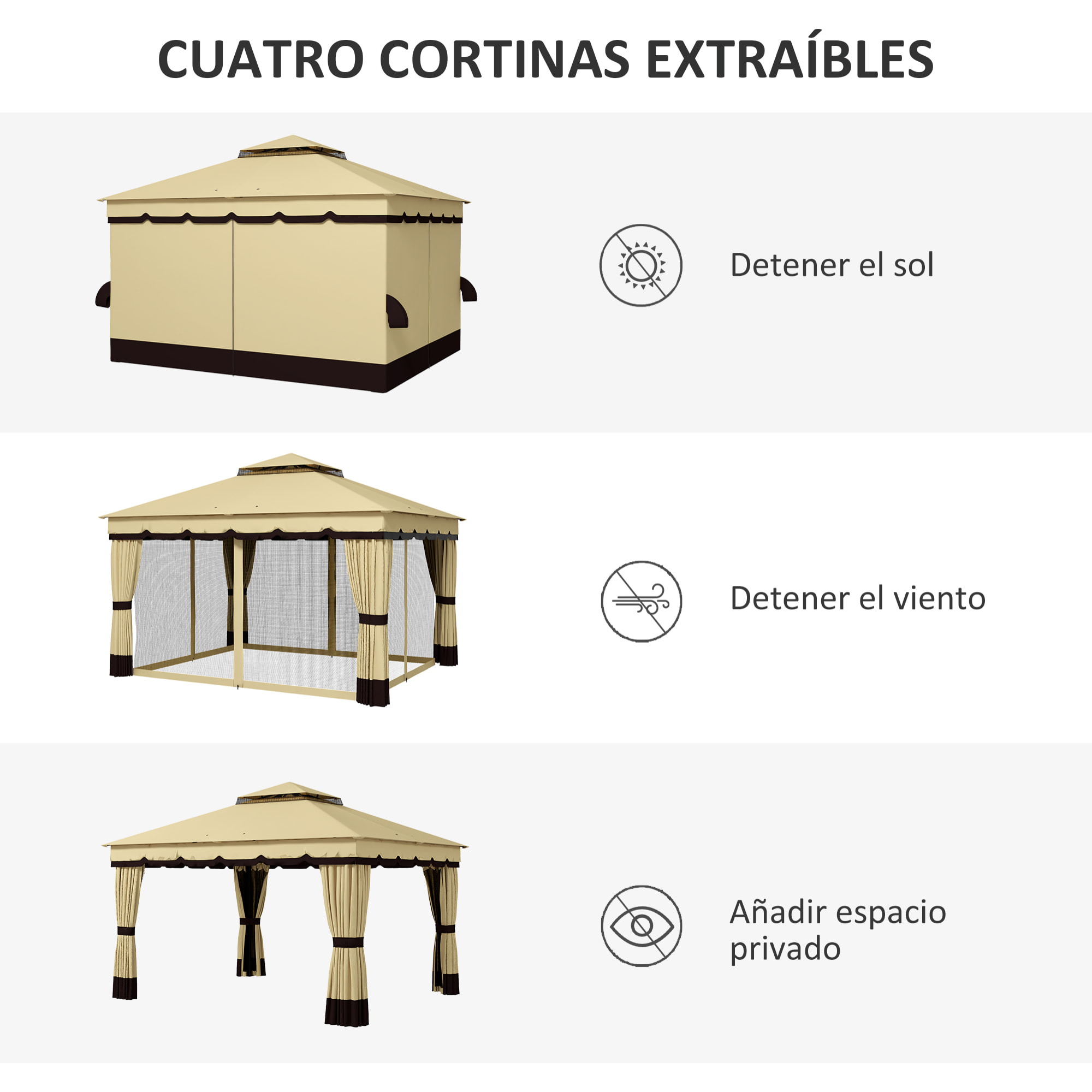 Cenador de Jardín 370x300x275 cm Gazebo de Exterior con 4 Paredes Laterales 4 Mosquiteras Doble Techo Impermeable y Anti-UV para Terraza Patio Playa Beige