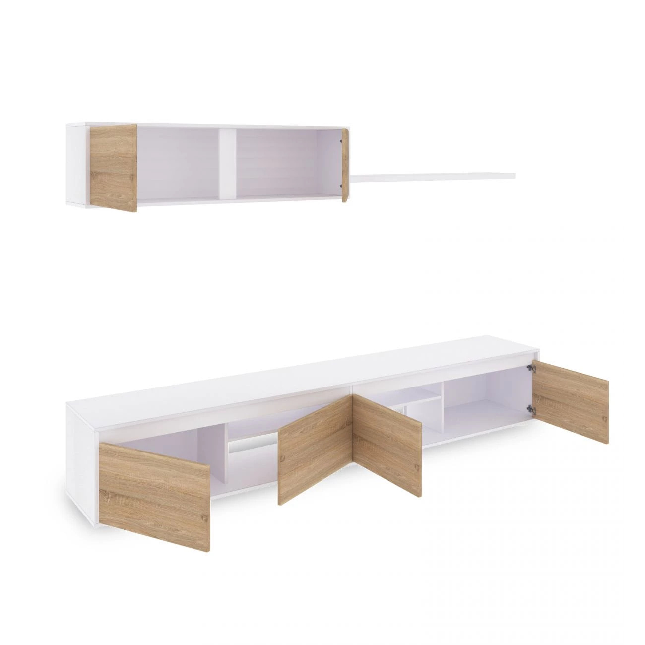 Salón con mueble de TV y estantería en blanco mate y roble canadian 200 cm Arlet Blanco Artik (Blanco Mate) - Roble Canadian