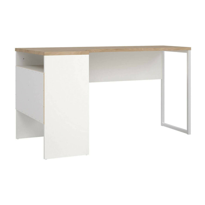 Scrivania Moire, Scrittoio multiuso, Tavolo per ufficio porta PC, Piano di lavoro, 145x81 h77 cm, Bianco e Rovere