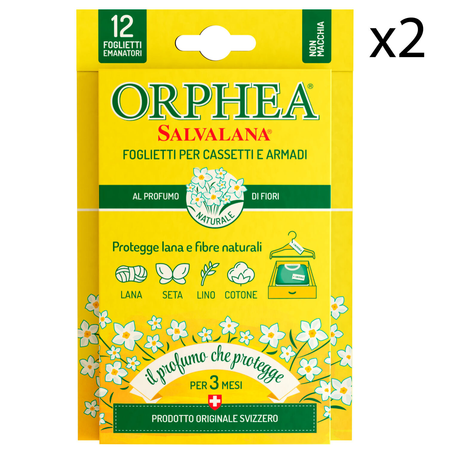 2x Orphea Salvalana Foglietti Cassetti e Armadi Protegge Lana e Fibre Naturali Profumo di Fiori - 2 Confezioni da 12 Foglietti