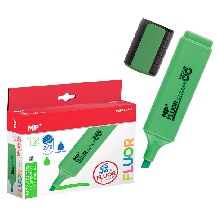 PACK 12 MARCADORES LONG LIFE FLUORESCENTE VERDE