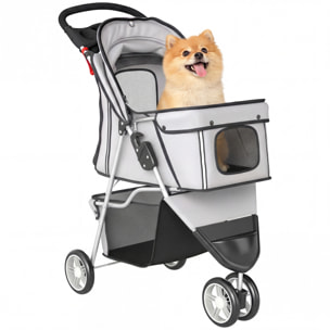 Carrito para Perros Plegable, hasta 10 kg, Cochecito para Perros Pequeños de 3 Ruedas con Capota Ajustable, Cesta, Ventanas de Malla, Portavasos, Ruedas de EVA y Frenos, para Gatos, Gris Claro