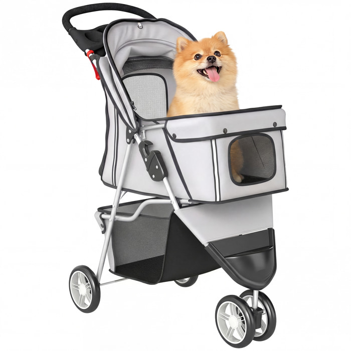 Carrito para Perros Plegable, hasta 10 kg, Cochecito para Perros Pequeños de 3 Ruedas con Capota Ajustable, Cesta, Ventanas de Malla, Portavasos, Ruedas de EVA y Frenos, para Gatos, Gris Claro