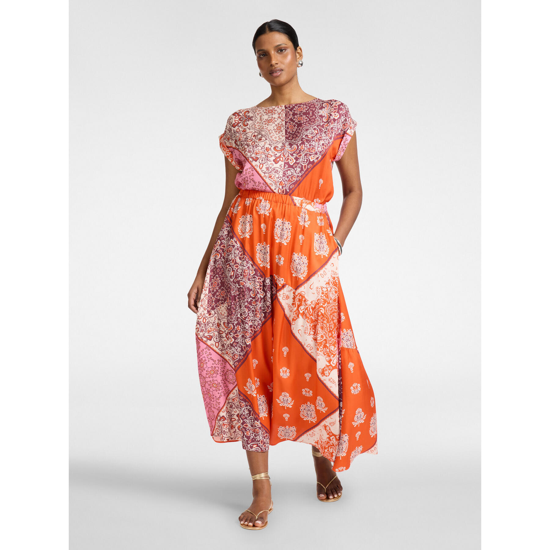 Elena Mirò - Falda larga en viscosa estampada - Naranja sol