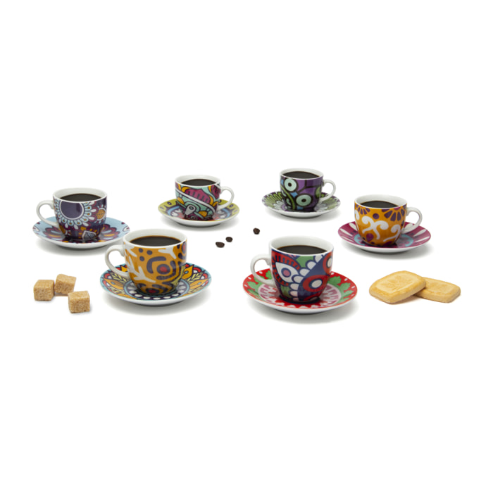 Set 6 Tazzine Caffè con Piattini Excelsa – Mandala Etno, Porcellana Multicolore
