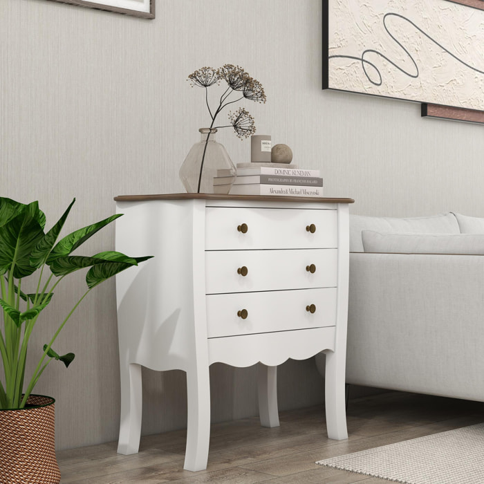 Commode style néo-rétro 3 tiroirs poignées boutons bois MDF panneaux blanc