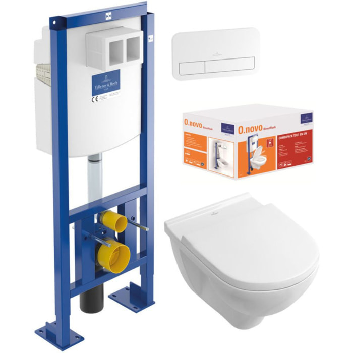 Pack WC suspendu sans bride O.novo + abattant + plaque blanche + bâti