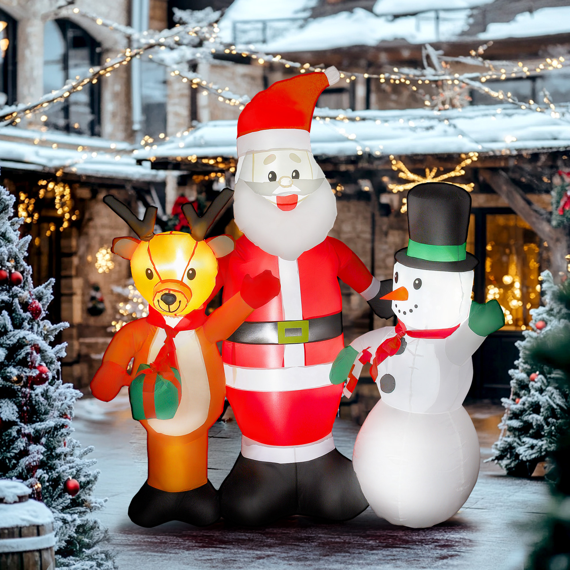 Papá Noel Inflable 150 cm con Reno y Muñeco de Nieve Decoración de Navidad Inflable con Luces LED Inflador Eléctrico para Exterior Jardín Césped