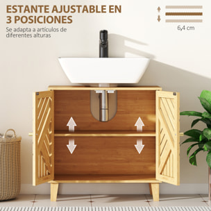Mueble bajo Lavabo de Bambú Mueble de Baño con 2 Puertas Lamas y Estante Ajustable Armario de Baño para Lavabo sin Pedestal Estilo Nórdico 60x30x60 cm Natural