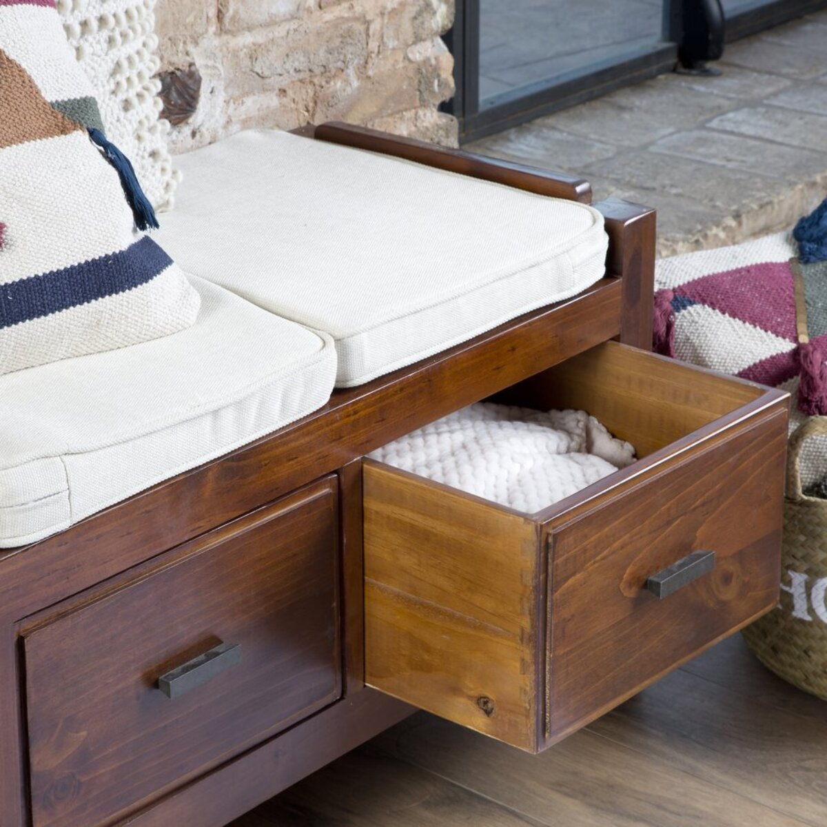 Banc Nest -bois massif, panneau de mdf et placage naturel-couleur teck 115 x 47 x 40 cm