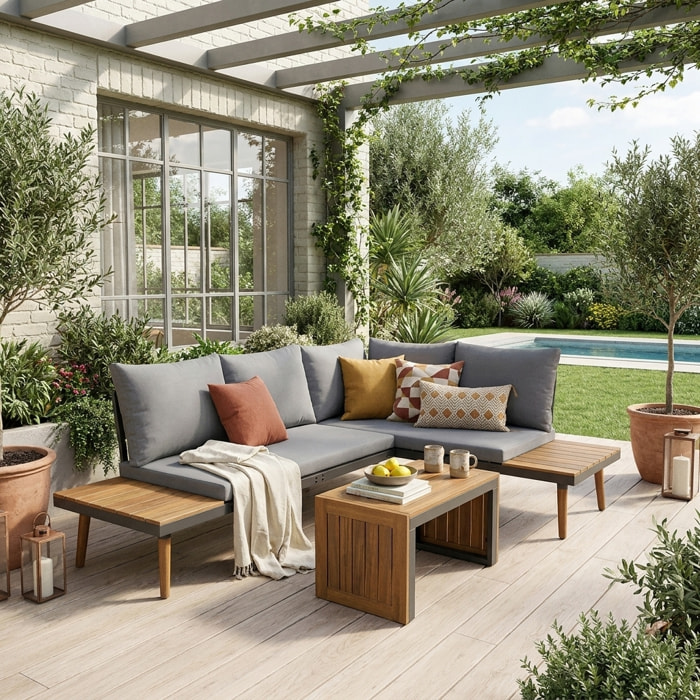 Salon de jardin modulable aluminium et bois d'acacia 4 places SAO PAULO