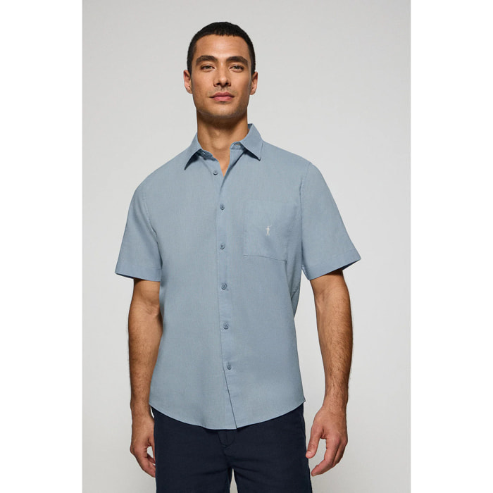 Camisa azul celeste de manga corta de lino y algodón con bordado Rigby Go