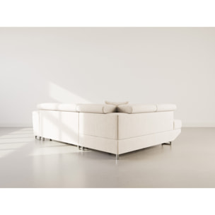 Baoji - Canapé d'angle gauche 5 places convertible avec têtières et coffre en velours côtelé - Beige