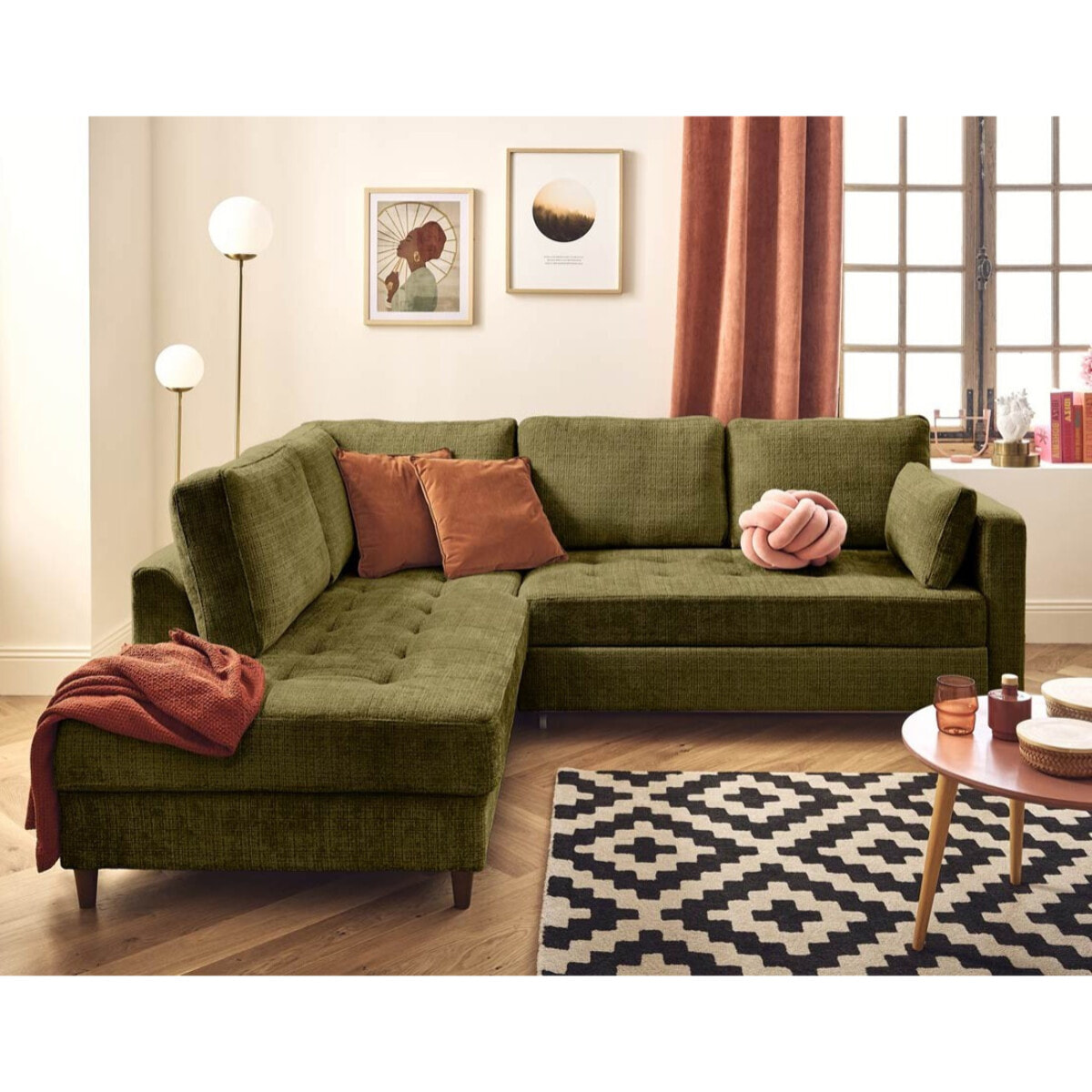 Anna - canapé d'angle gauche 5 places convertible en velours texturé - Vert Olive