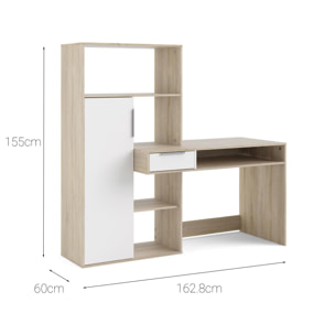 Scrivania multifunzione con libreria, cassetto e anta, colore bianco e rovere, cm 162 x 155 x 60