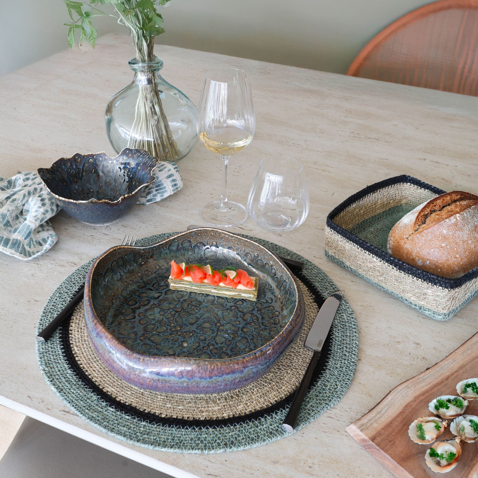 Lot de 6 sets de table en jonc de mer naturel et vert d38cm IRIS