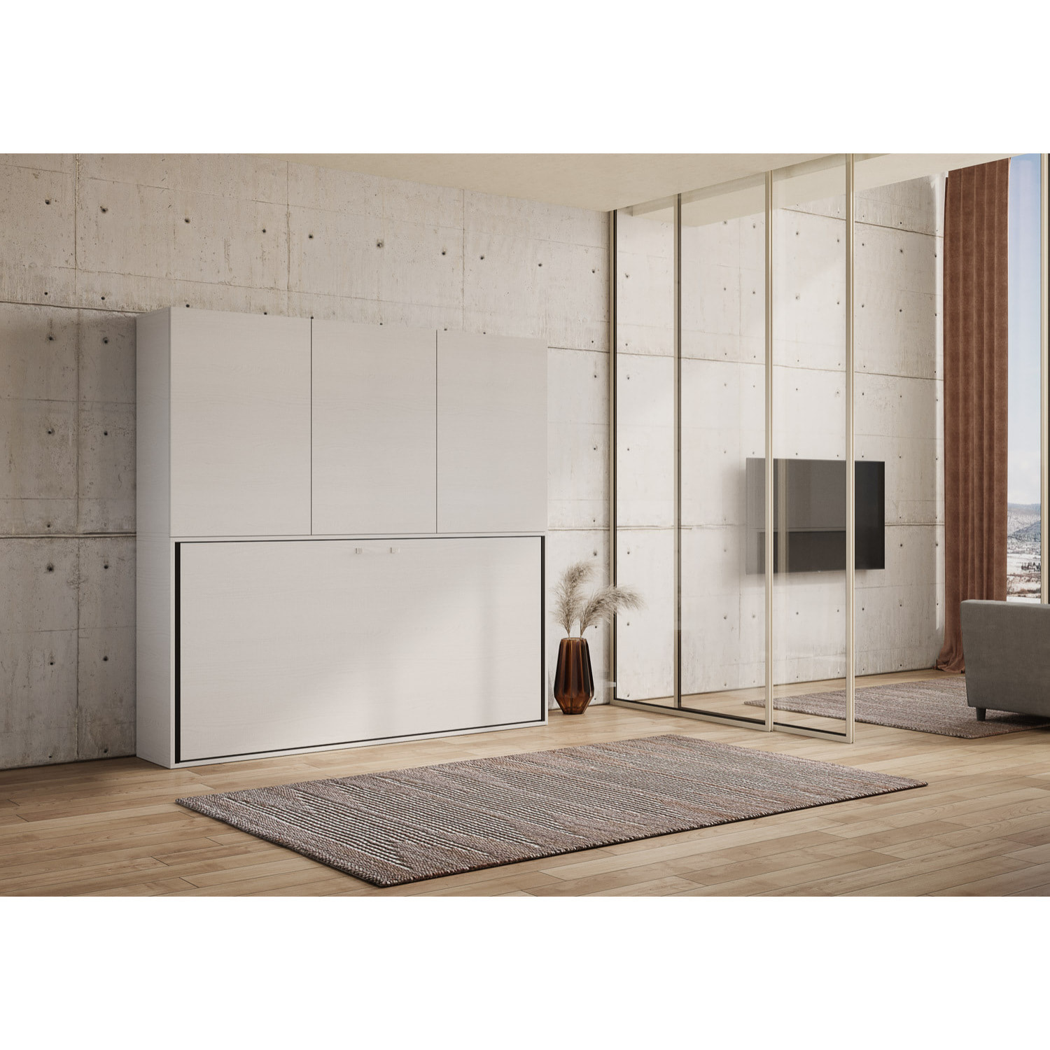 Armoire lit escamotable horizontal 1 couchage 85 Kando composition D Frêne Blanc