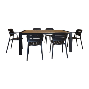 ENSEMBLE DE JARDIN TABLE NATUREL/NOIR 180CM AVEC 6 FAUTEUILS NOIR BASUN