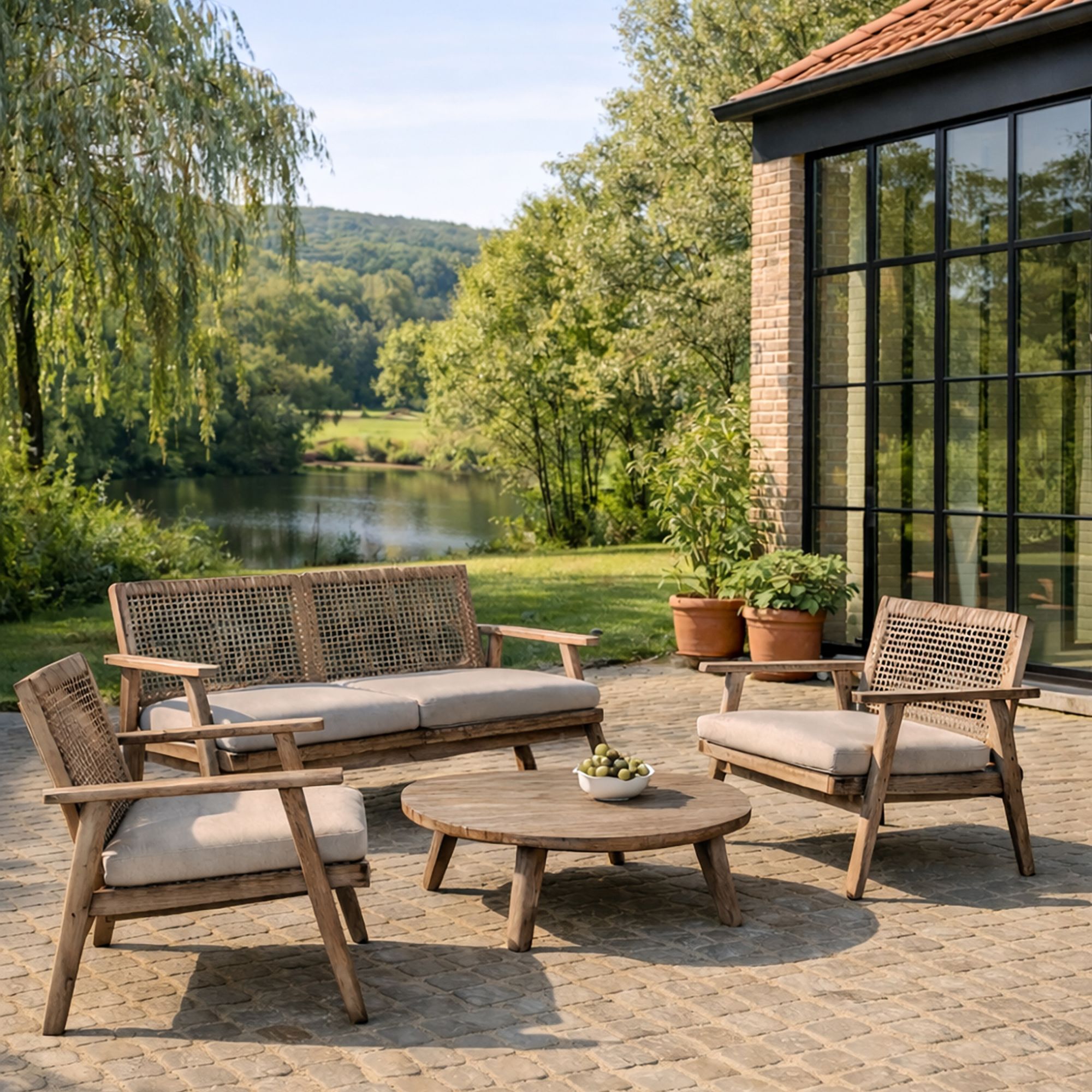 Salon de jardin 4 places en bois d'acacia et corde tressée beige EDEN