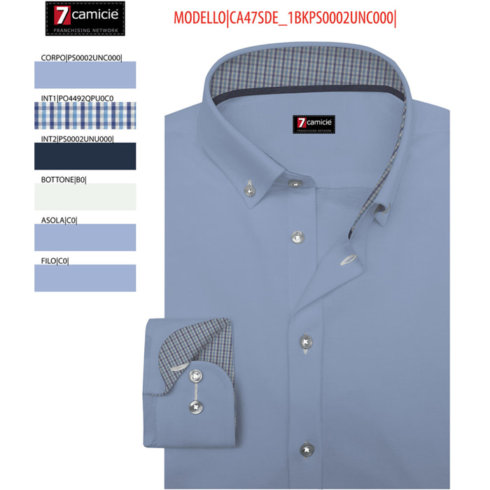 camicia uomo 1 bottone button down slim Popeline Stretch Unito Celeste