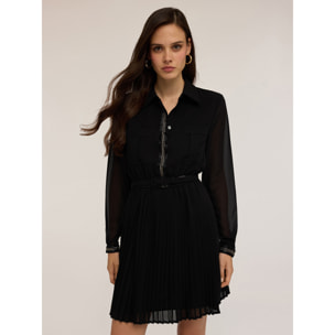 Motivi - Vestido corto bordado con falda plisada - Negro