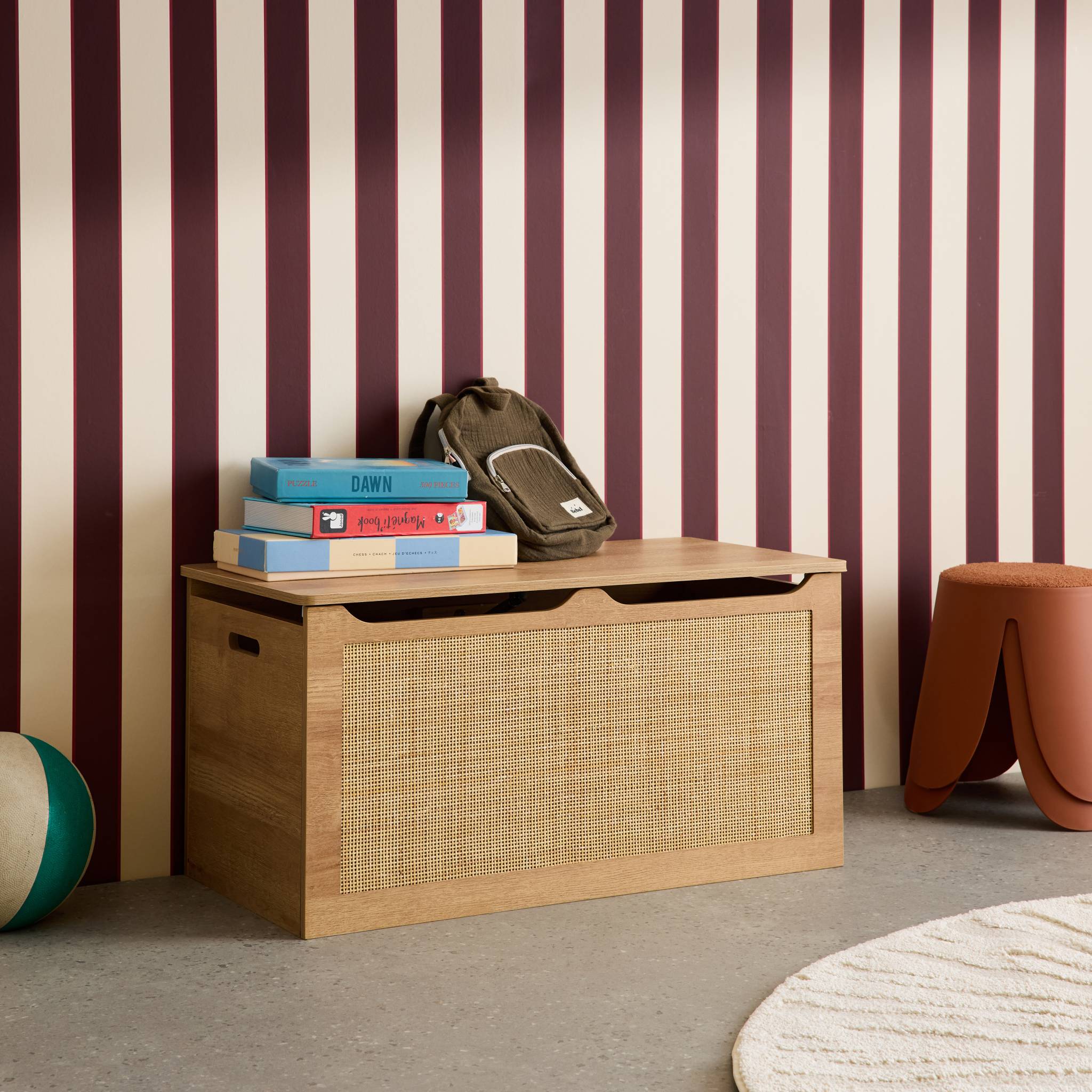 Coffre à jouets enfant décor bois et cannage BOHÈME