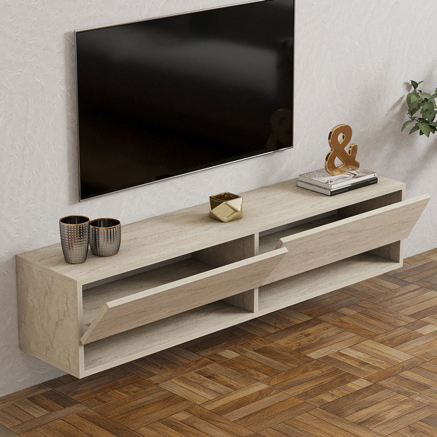 NORFOLK Meuble TV suspendu avec placards et étagères aspect travertin 140cm