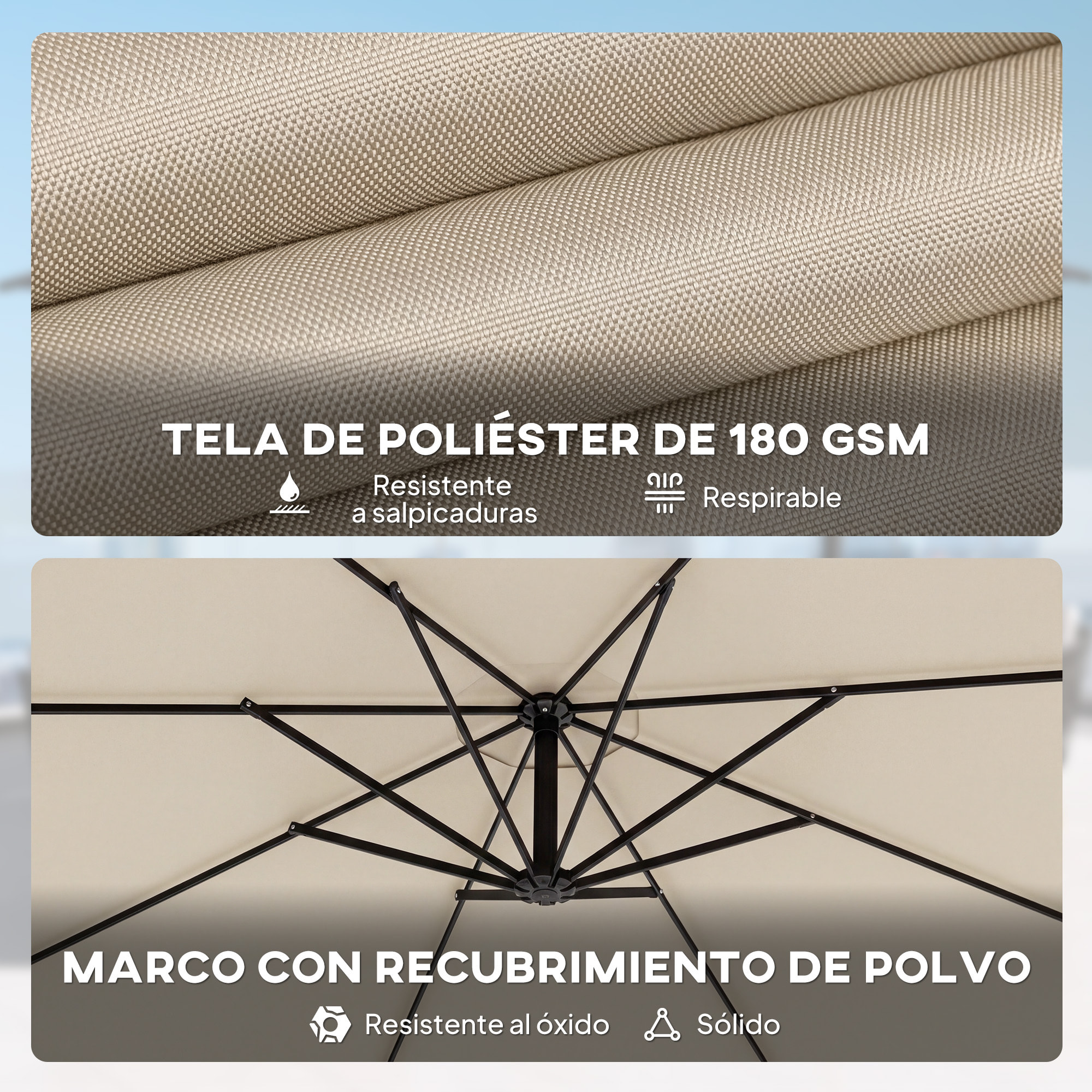 Parasol Excéntrico, Ø300 cm, Sombrilla de Jardín con Base Cruzada, Toldo Ajustable, Manivela, 8 Barras, UPF30+, para Terraza, Patio, Exterior, Blanco Crema