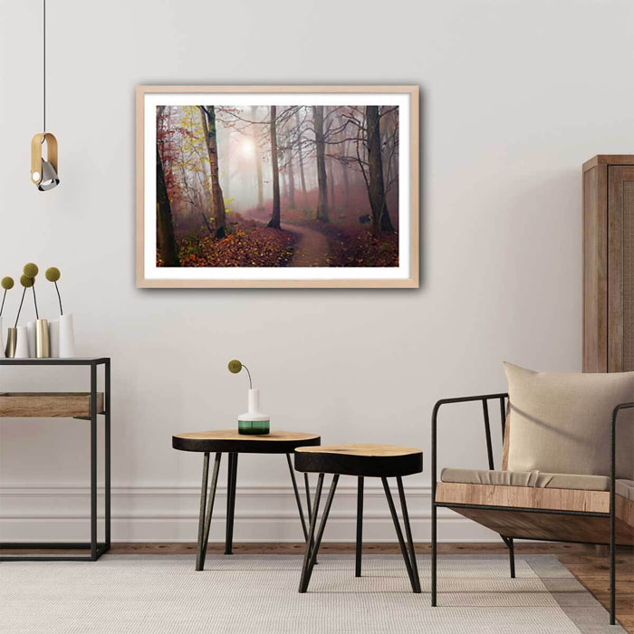 Affiche l'arbre et l'automne jaune Affiche + cadre en bois - Chêne