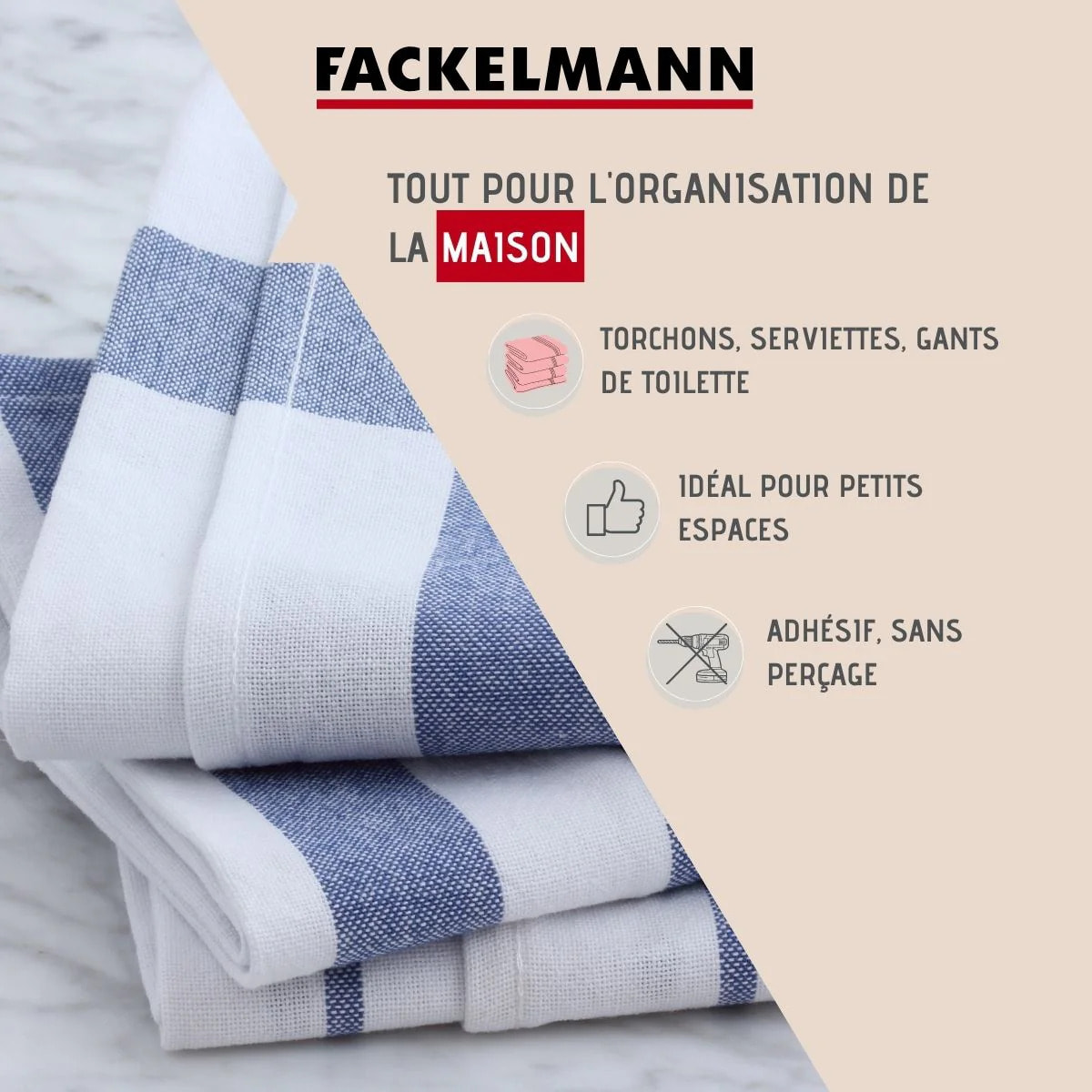 Lot de 2 crochets adhésif en acier inoxydable, Fackelmann Tecno