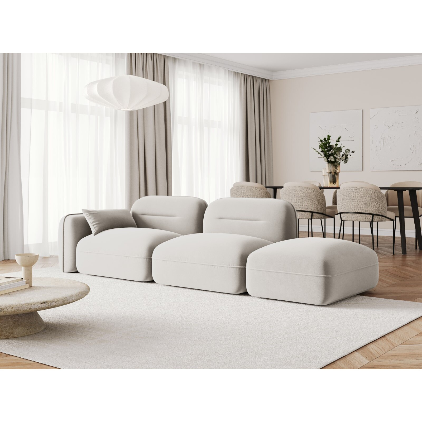 Canapé modulable droit "Sydney" 3 places en velours beige clair