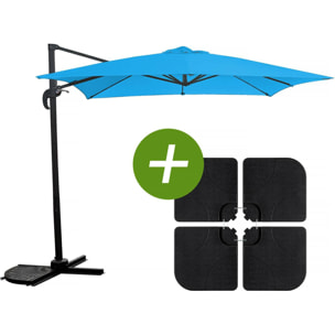 Parasol jardin déporté "Soleil" - Carré - 2.5 x 2.5 m - Bleu + Dalles à lester incluses