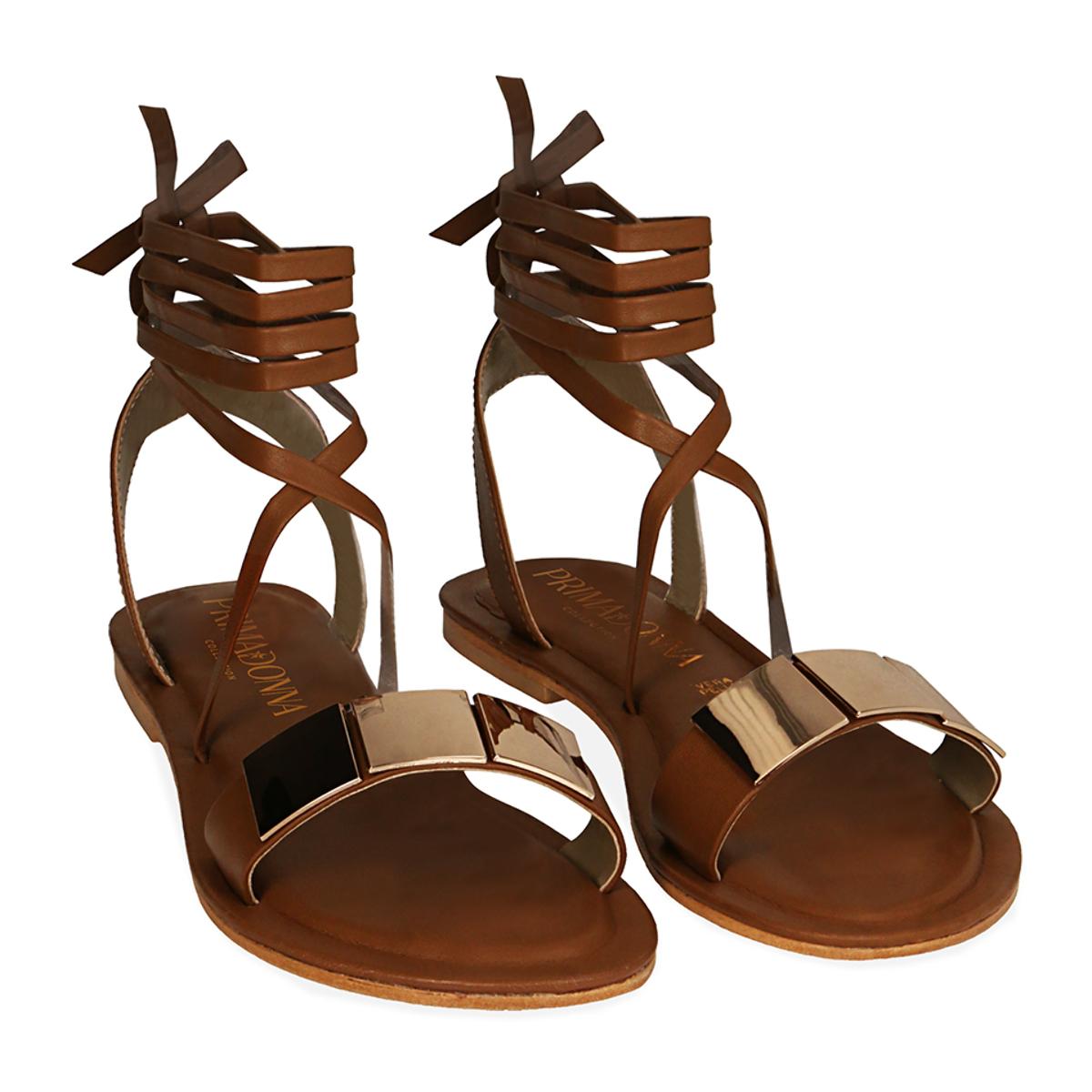 Sandali cognac lace-up in pelle