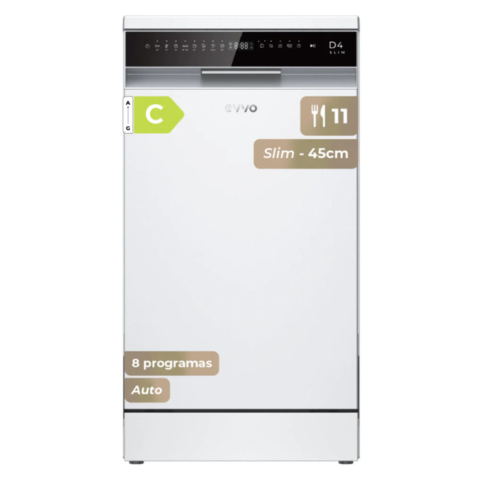 EVVO D4 Slim Lavavajillas 45cm Libre Instalación 11 Cubiertos 8 Programas Clase C
