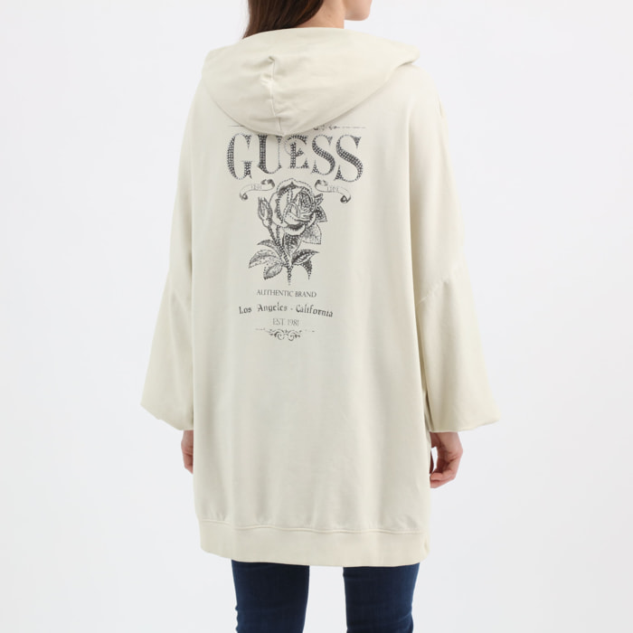 Sweat à capuche Rose - orné de strass - logo - beige