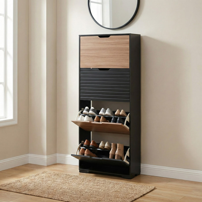 Scarpiera in legno 4 ante a ribalta noce e nero 63x26x165 cm – Toledo