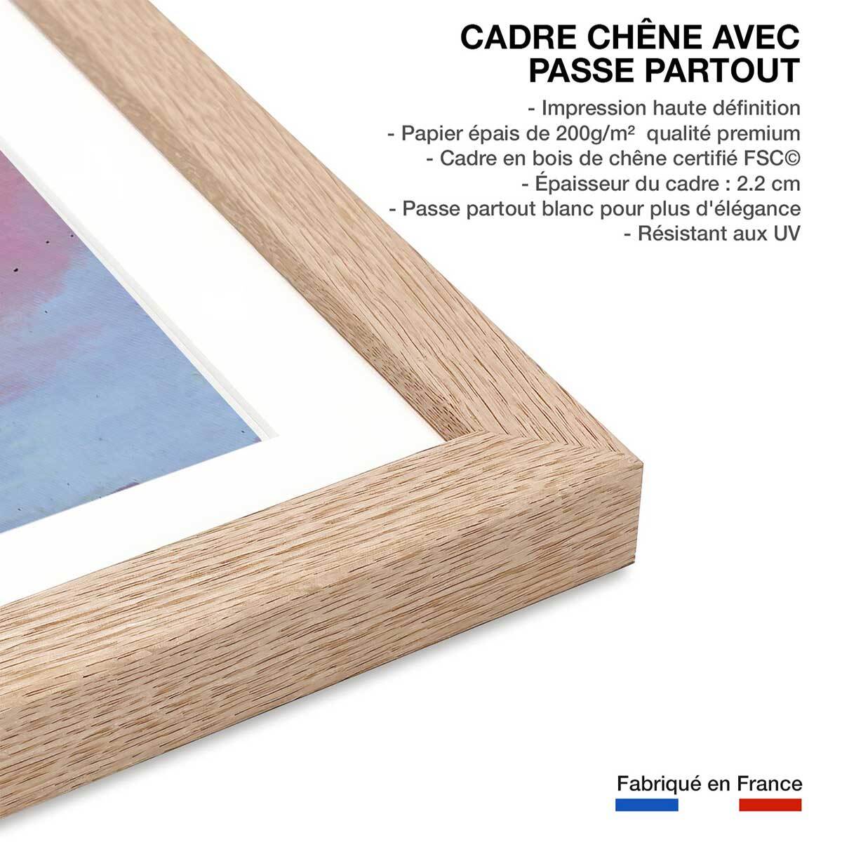 Affiche bleu et rivage côtier Affiche + cadre en bois - Chêne