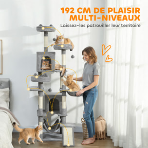 Arbre à chat design XXL gris clair multi-activités - zones de repos, griffoirs, grattoir - H.192 cm