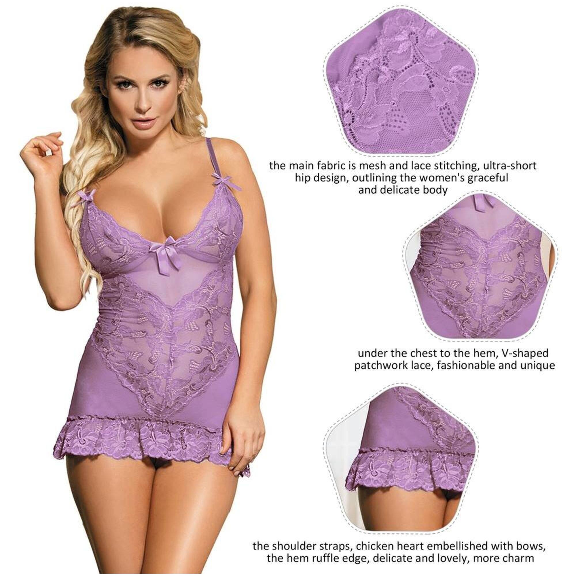 Babydoll lila cuello v y encaje con bragas