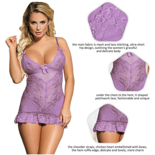 Babydoll lila cuello v y encaje con bragas