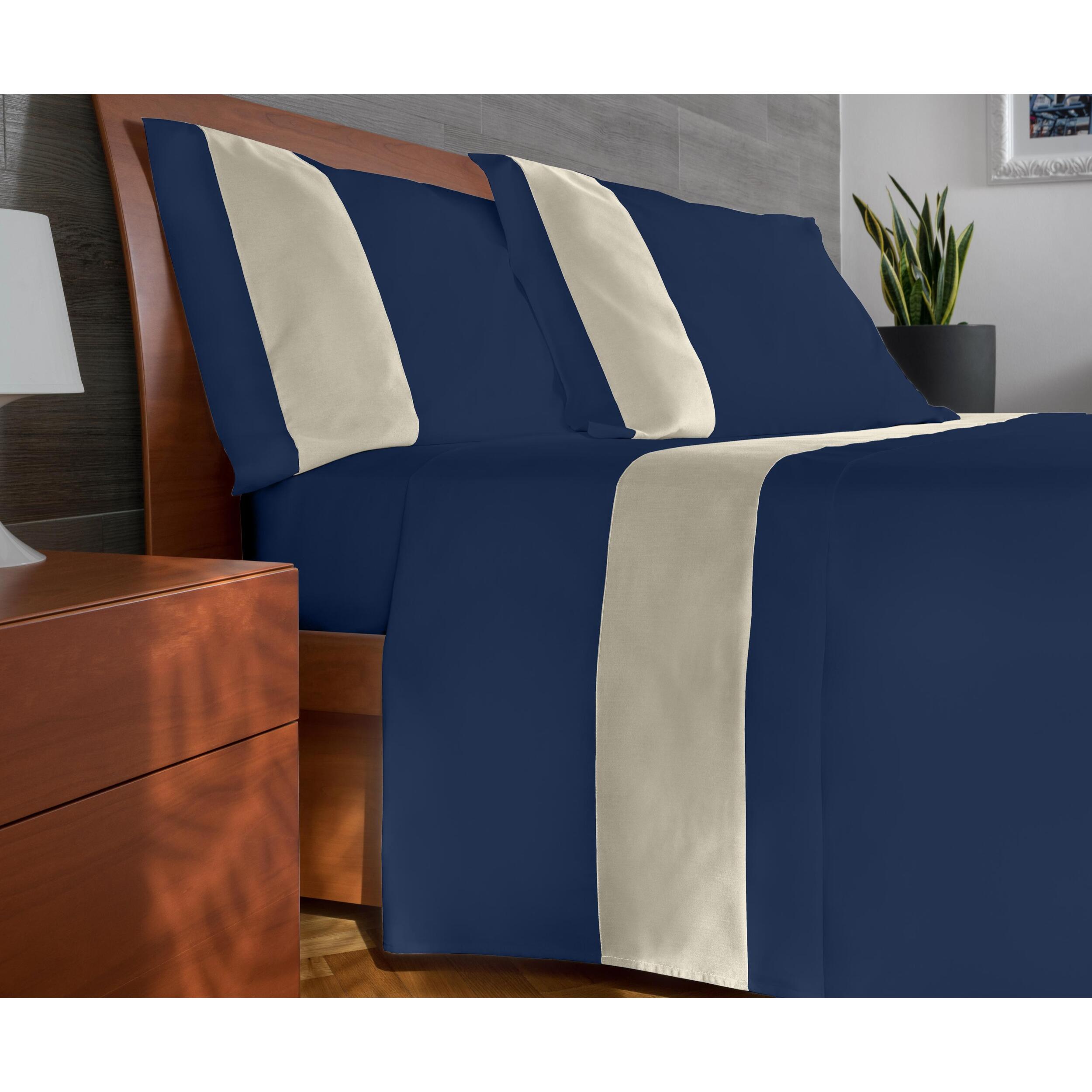 Completo letto bordo RASO IPERSAN Puro Cotone Panna fondo Blu