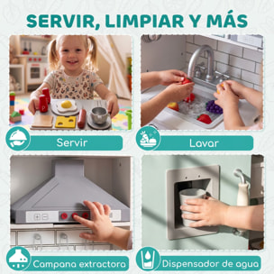 AIYAPLAY Cocina de Juguete de Madera con Luces y Sonidos. Cocinita Infantil con Campana Extractora, Dispensador de Agua, Cafetera, Nevera, Horno, Fregadero, Accesorios, 3-6 Años Verde Azulado