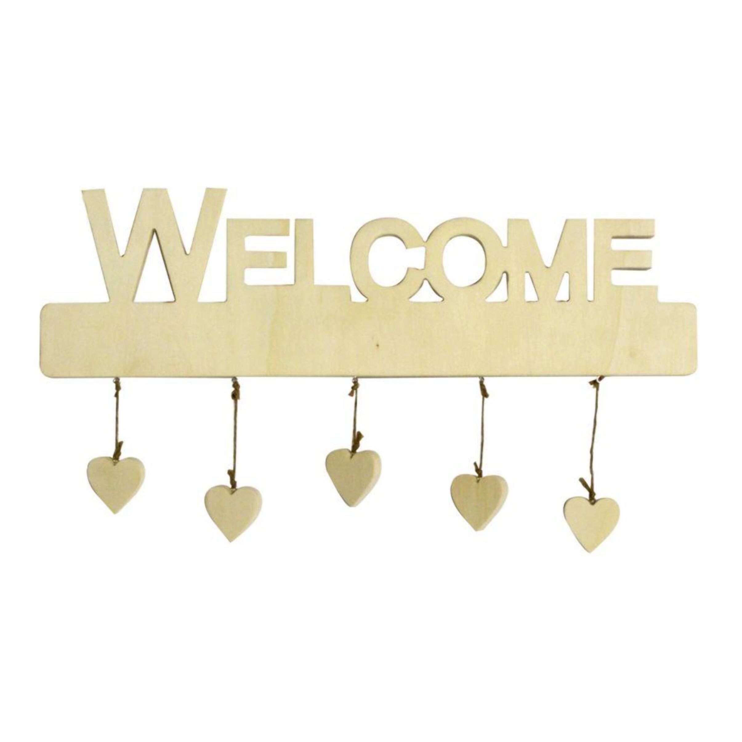 Targhetta in balsa con scritta welcome con cuori cm45x1,5h13