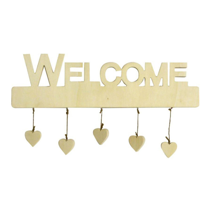 Targhetta in balsa con scritta welcome con cuori cm45x1,5h13