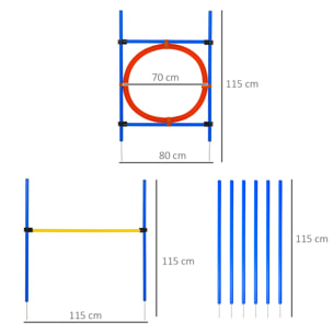 Agility sport pour chiens équipement complet : 6 poteaux slalom, obstacle, anneau + sac de transport bleu jaune rouge