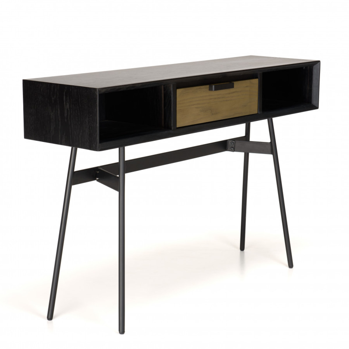 ALMA - Console noire 130x35cm 2 niches 1 tiroir marron foncé pieds métal noir