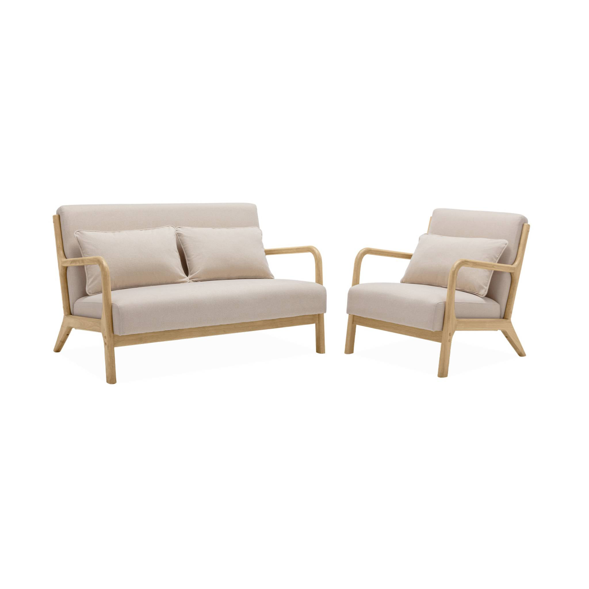 Banquette 2 places + Fauteuil en bois et tissu beige