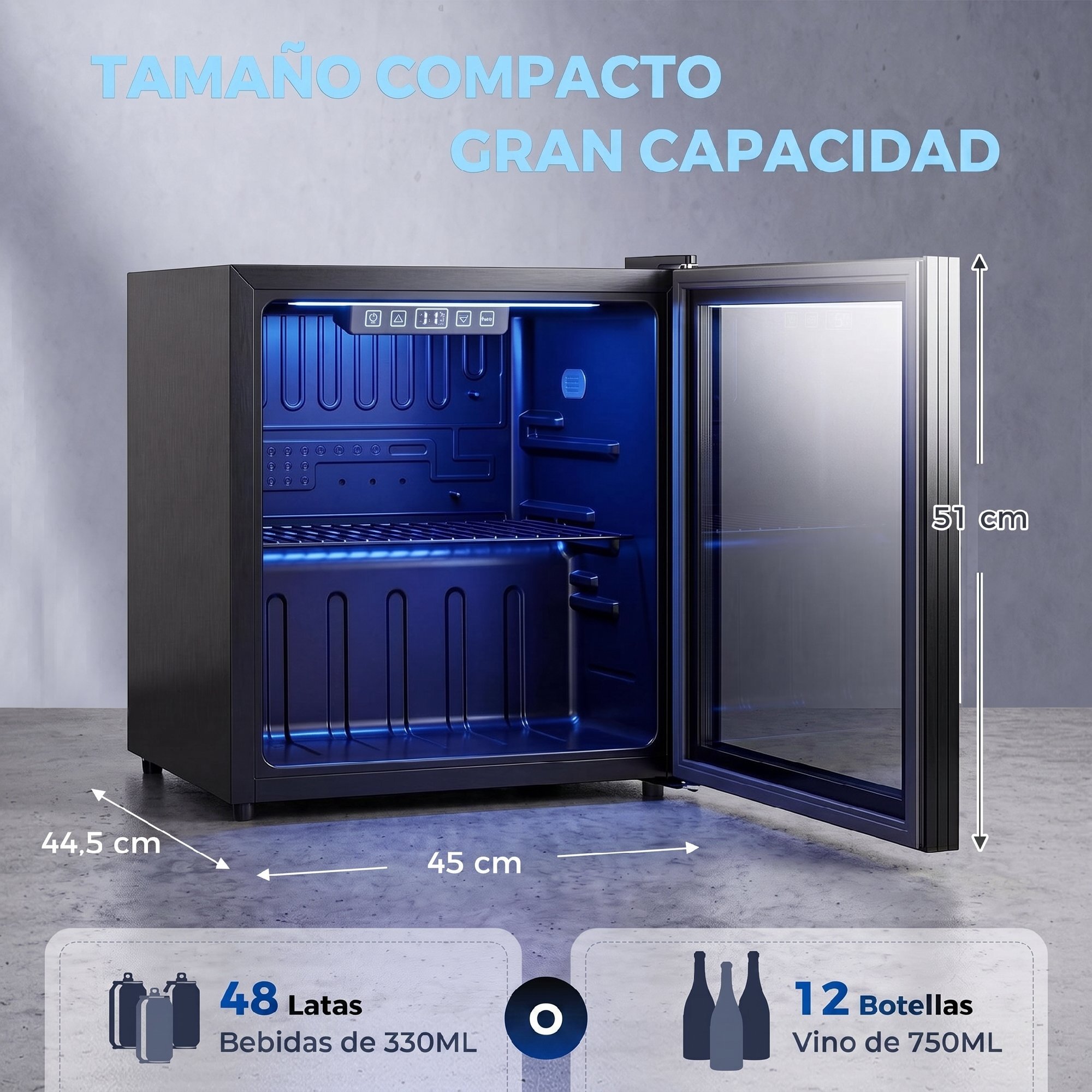 Frigorífico de Bebidas 50 L, Mini Nevera con Puerta de Vidrio Doble, Iluminación LED, Estante Ajustable, 2-18℃, para 48 Latas, Nevera Pequeña para Refrescos, Cerveza y Vino